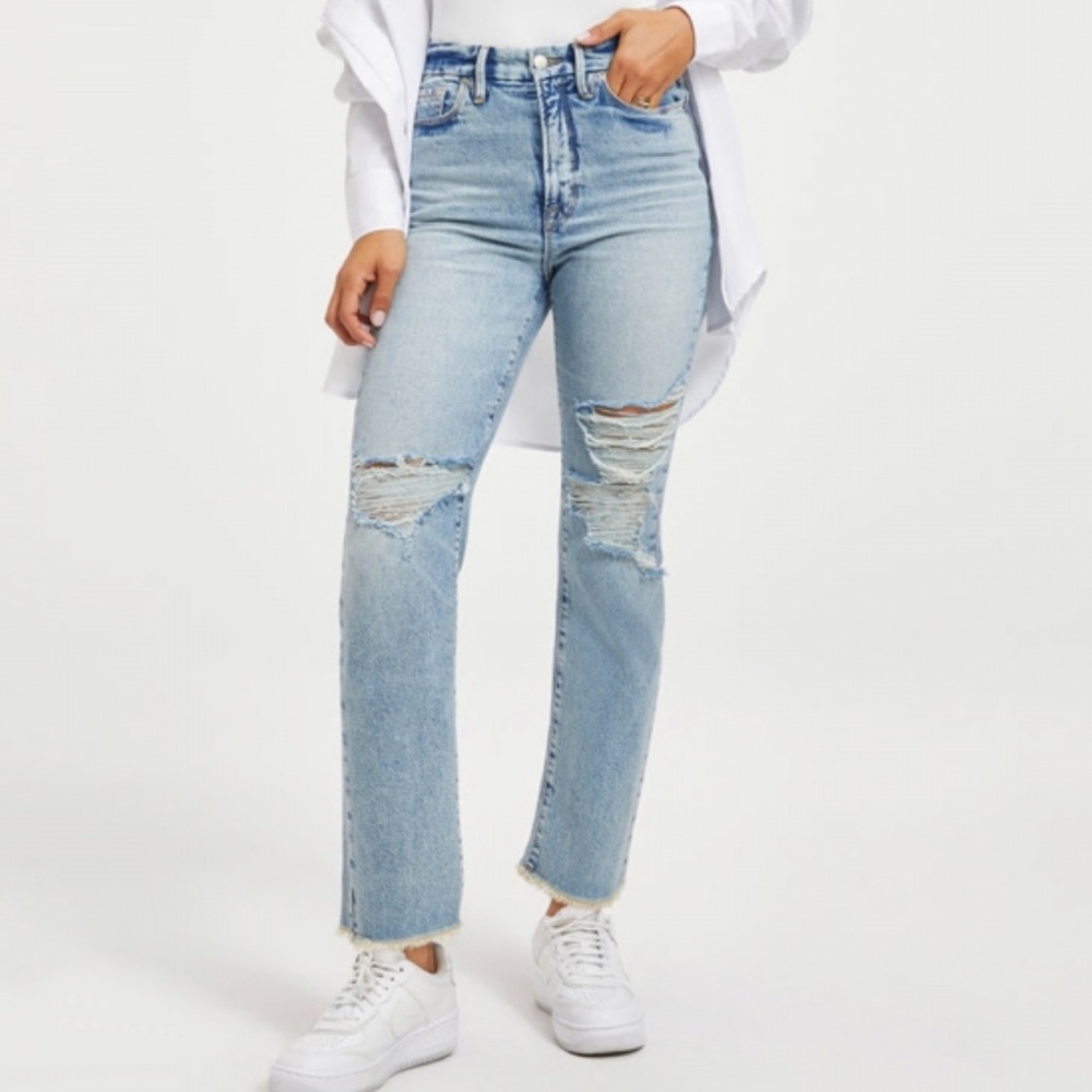 NWT Good American Good Boy Distressed High Rise Jeans in Indigo117